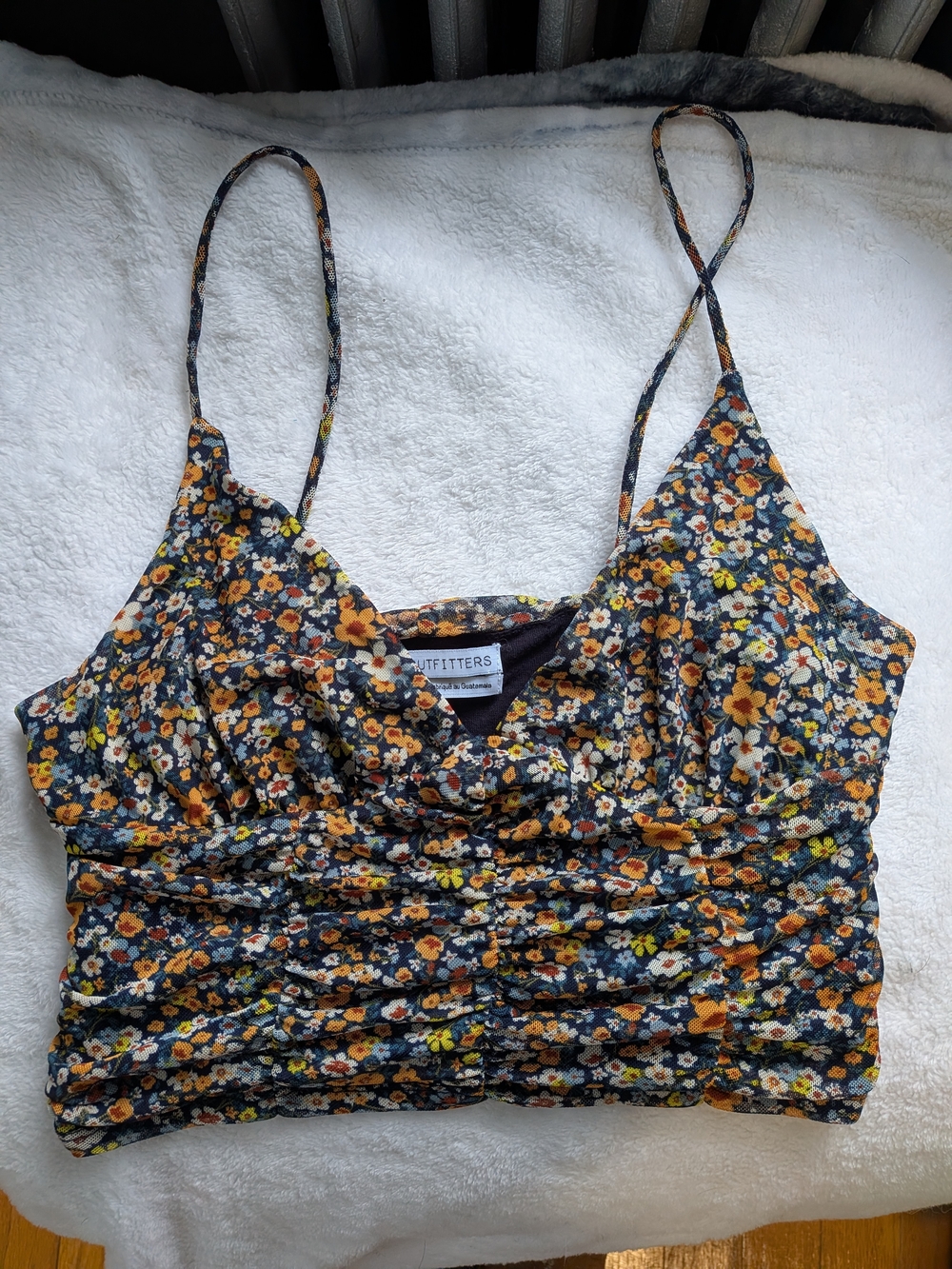 Urban Outfitters Floral Ruched Spaghetti Strap Crop Top - Navy/Yellow
